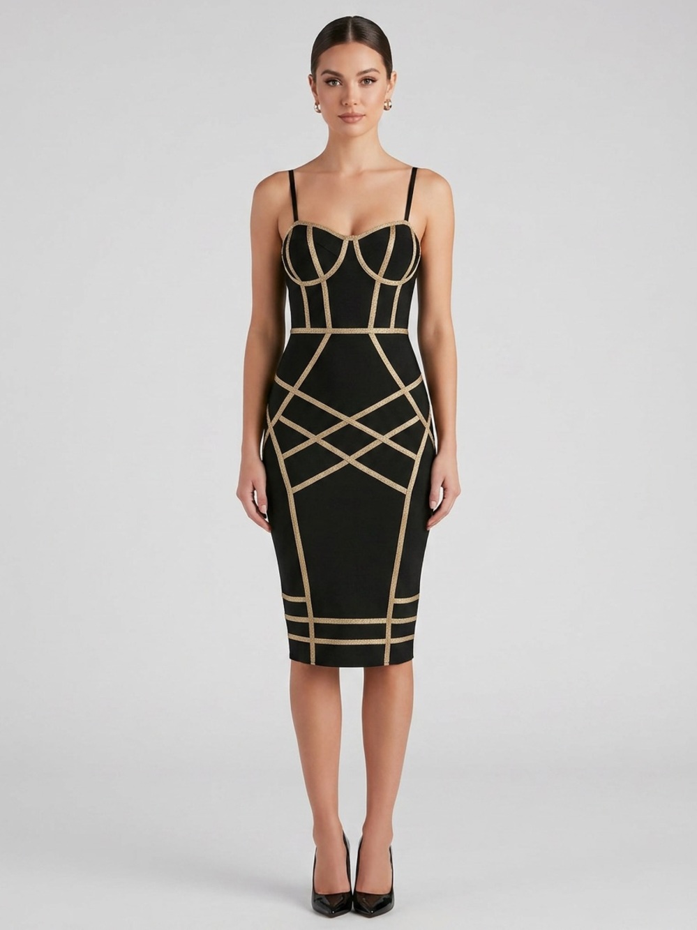 Summer Black Gold Fitted Bodycon Midi Dress Stretch NEW Party Sexy Cocktail M